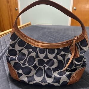 COACH Denim Signature Shoulder Bag Navy Brown with Logo Charm Rare Limited